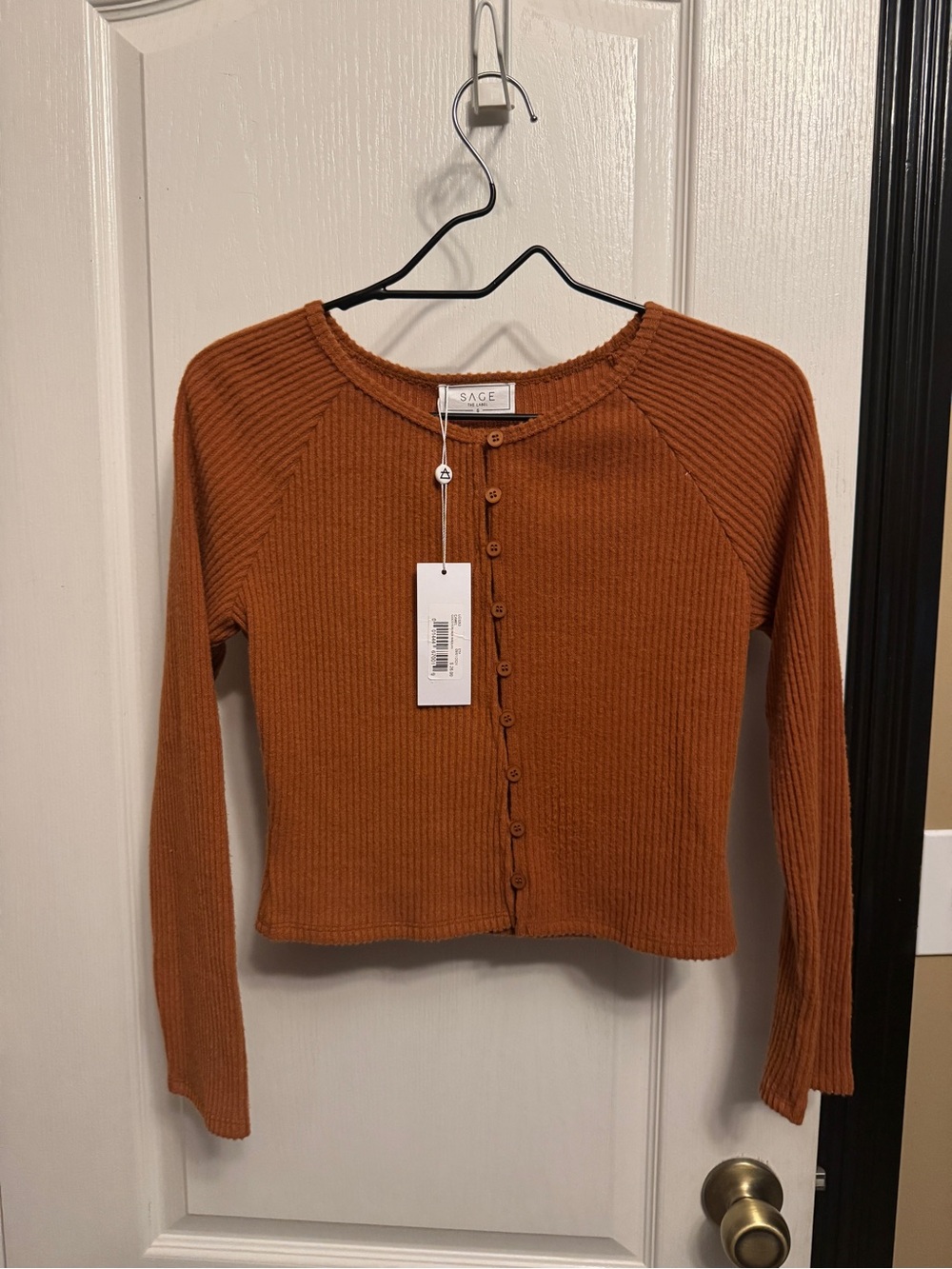 Sage the Label Rust Ribbed Button-Front Long Sleeve Crop Sweater - Anthropologie